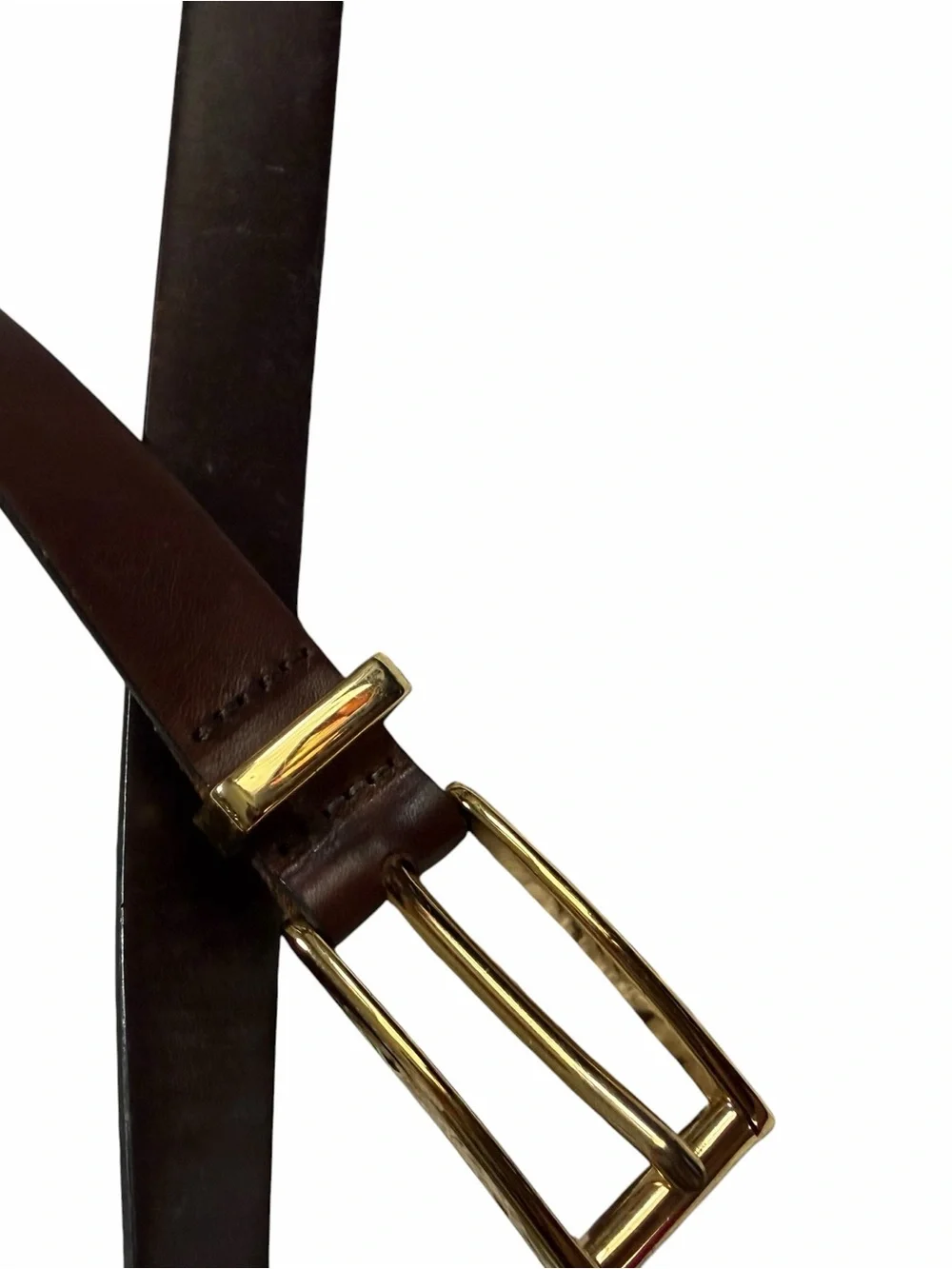 Vtg Brown Leather Belt with Gold-Tone Double Bar Buckle 43”